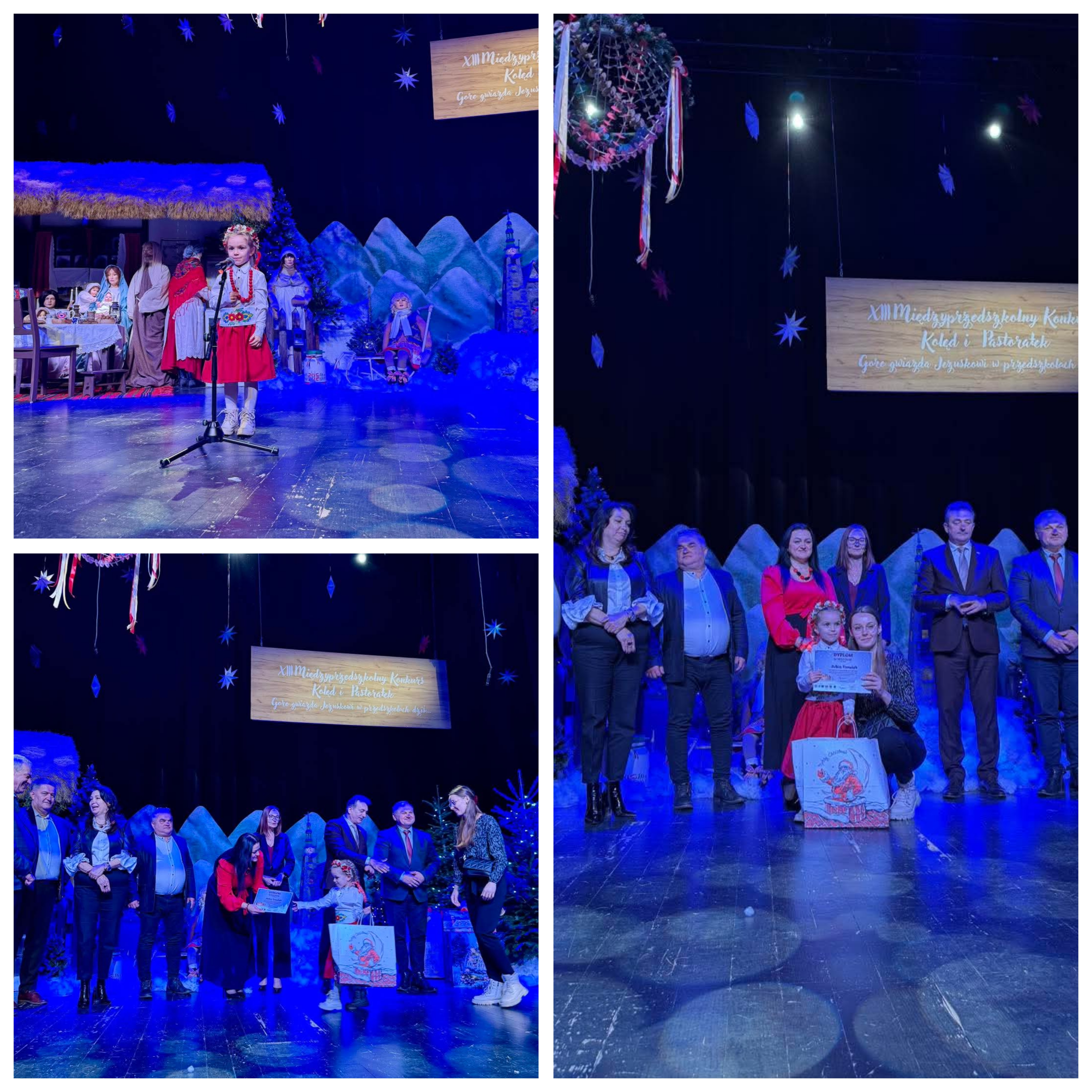 Podczas XIII Międzyprzedszkolnego Konkursu Kolęd i Pastorałek „Gore Gwiazda Jezusowi – w przedszkolach dziś” Zosia z grupy Żabek pięknie zaśpiewała kolędę „Cicha noc” 🌟❤️ Był to jej pierwszy występ na tak dużej scenie, a mimo tremy zaprezentowała się wspaniale i z ogromnym sercem ❤️ Zosia otrzymała wyróżnienie, z czego jesteśmy bardzo dumni! Gratulujemy odwagi i talentu – brawo Zosiu! 👏🎶